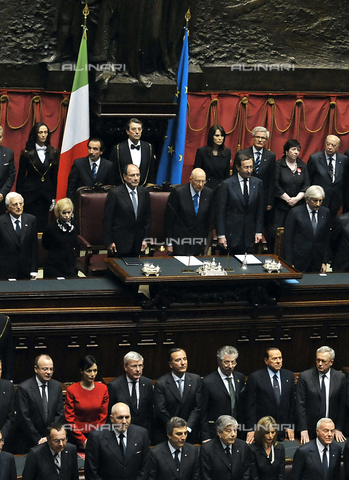 AAE-S-613595-4877 - President Giorgio Napolitano and the members of the government standing for the national anthem to the Chamber of Deputies during the celebrations of 150 years of the Unity 'of Italy - Date of photography: 17/03/2011 - © ANSA / Alinari Archives