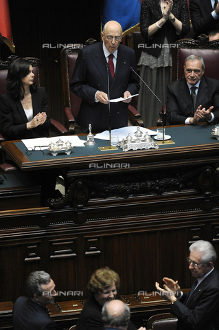 AAE-S-6A3408-0EF1 - The President of the Republic Giorgio Napolitano re-elected with the president of the Chamber of Deputies Laura Boldrini and Senate President Pietro Grasso during his speech before Parliament met in joint session in Montecitorio in Rome - Date of photography: 22/04/2013 - Photo of  Maurizio Brambatti, 2013 / © ANSA / Alinari Archives