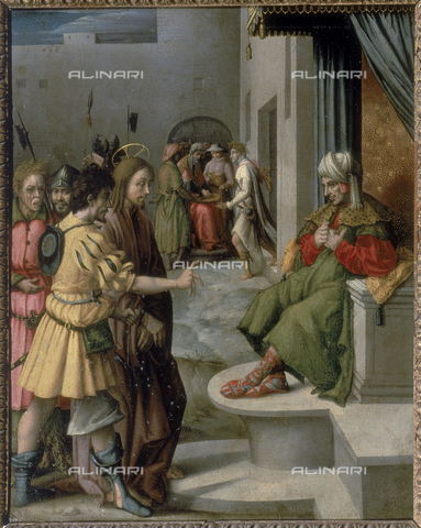 AGC-F-000584-0000 - Painting entitled 'Christ before Caiphas', by Bachiacca in the Uffizi Gallery in Florence. The chained Christ is brought by soldiers before the powerful Jewish high priest, shown seated on a throne covered with a baldachin - Date of photography: 1992 - Reproduced with the permission of Ministero della Cultura / Alinari Archives, Florence