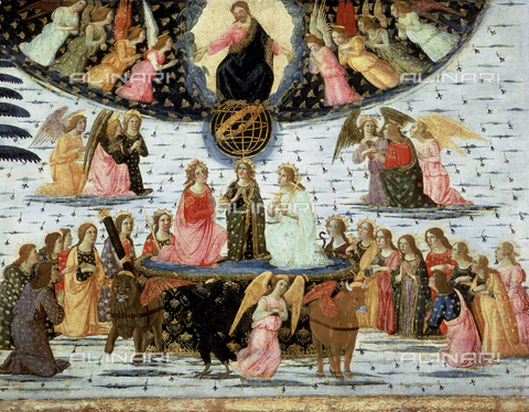 AGC-F-000606-0000 - Dipinto di Jacopo del Sellaio raffigurante il 'Trionfo della Divinità', conservato nel Museo Bandini a Fiesole. In primo piano, davanti ad un grande piedistallo, i simboli dei quattro Evangelisti circondati da Santi, sul piedistallo tre figure femminili inginocchiate, con lo sguardo rivolto al Cielo. In alto il Cristo circondato da numerosi Angeli - Data dello scatto: 1992 - Archivi Alinari, Firenze