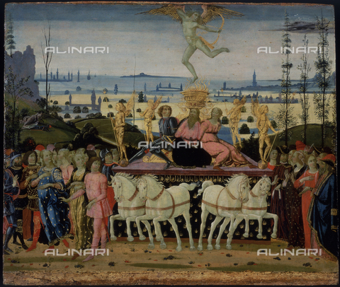 AGC-F-000609-0000 - 'Triumph of Love' painting by Jacopo del Sellaio, in the Museo Bandini in Fiesole. At the center of the painting is the wagon of Love, seen from the front, on which are tied a man in a suit of armor, a man with a full beard and a maiden. Behind them, over a brazier, with high flames, a flying Cupid lets fly an arrow. On either side of the wagon, drawn by four white horses, men and women in elegant Fifteenth century dress. In the background a marine landscape - Date of photography: 1992 - Alinari Archives, Florence