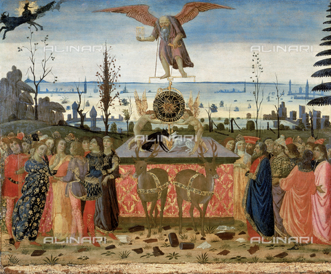 AGC-F-000610-0000 - Painting by Jacopo del Sellaio of 'The Triumph of Time', in the Museo Bandini in Fiesole. At the center of the painting a large pedestal, with two deer before it, and on which two putti are holding a disk of the Sun. Over the disk Time as an old bearded man with wings. On either side of the large pedestal numerous figures in elegant Renaissance dress. In the background a marine landscape - Date of photography: 1992 - Alinari Archives, Florence