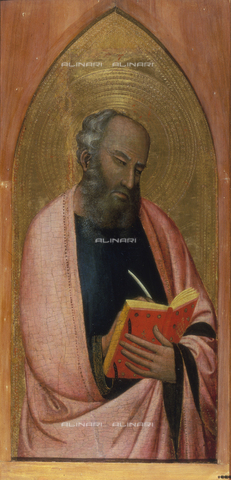AGC-F-000613-0000 - Fragment of a polyptych by Bernardo Daddi of 'Saint John the Evangelist', in the Museo Bandini in Fiesole. The Saint is shown half-length writing the Gospel - Date of photography: 1992 - Alinari Archives, Florence