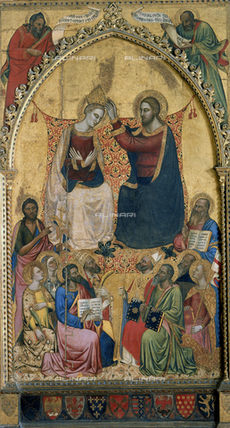 AGC-F-000618-0000 - Painting by Jacopo di Cione of the 'Coronation of the Virgin', in The Accademy Gallery in Florence. At the center of the painting, enthroned, the Virgin crowned by Christ. Numerous saints are seated below the throne - Date of photography: 1992 - Alinari Archives, Florence