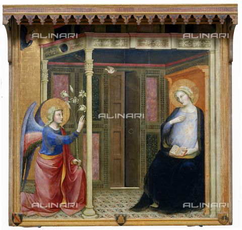 AGC-F-000619-0000 - Painting of the Annunciation by the Master of the Annunciation, in the Galleria dell'Accademia in Florence. On the right, the seated Virgin draws back upon the arrival of the Archangel Gabriel who is kneeling and holding the lily, symbol of Purity - Date of photography: 1992 - Alinari Archives, Florence