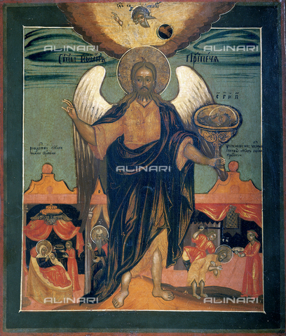 AGC-F-000621-0000 - Painting of Russian School dating to the 18th century in The Accademy Gallery, in Florence. At the center of the painting Saint John the Baptist shown as an Angel, holding a bowl in his left hand containing his head. Below, left, the birth of the Saint and on the right his death - Date of photography: 1992 - Alinari Archives, Florence
