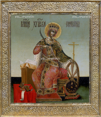 AGC-F-000622-0000 - Painting of Russian School of the 18th century of Saint Catherine, in the Galleria dell'Accademia in Florence. The Saint is shown in magnificent Byzantine dress, seated on a wooden throne. She holds the palm of martyrdom in her right hand, and a wheel in her left. At her feet numerous books - Date of photography: 1992 - Alinari Archives, Florence