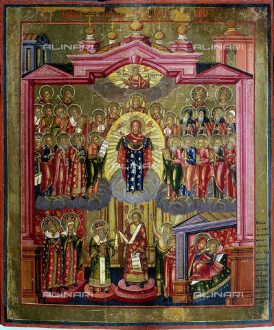 AGC-F-000623-0000 - Painting of Russian School depciting the Assumption of the Virgin. At the center of the picture, in a golden mandorla, the Virgin, surrounded by numerous Saints and Angels. The image is enclosed in the architectural cross section of an Orthodox church with a dome and bell tower - Date of photography: 1992 - Alinari Archives, Florence