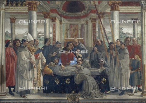 AGC-F-000748-0000 - Wall painting by Domenico Ghirlandaio of the funeral of Saint Francis, in the Sassetti Chapel in Santa Trinita in Florence. In a religious building of Renaissance style, the bier of Saint Francis is surrounded by weeping friars. On the left a bishop is celebrating the funeral rites of the Saint - Date of photography: 1992 - Alinari Archives, Florence