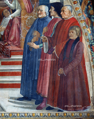 AGC-F-000752-0000 - Detail of a wall painting by Domenico Ghirlandaio of 'The confirmation of the Rule', in the Sassetti Chapel in Santa Trinita in Florence. The picture centers on the group composed of Lorenzo the Magnificent, Sassetti, the donor of the Chapel, and his son. On the right of the lord is the poet Antonio Pucci. They are wearing Renaissance attire - Date of photography: 1992 - Alinari Archives, Florence