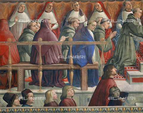 AGC-F-000753-0000 - Detail of the painting by Domenico Ghirlandaio entitled 'Confirmation of the Rule', in the Sassetti Chapel in Santa Croce in Florence. The picture centers on the central part of the painting with Saint Francis kneeling before pope Honorius III followed by other kneeling friars . Other religious are seated on two benches. In the very foreground, the poet Agnolo Poliziano appears from a flight of steps, followed by the young children of Lorenzo the Magnificent, Piero, Giovanni and Giuliano and by the poets Matteo Franco and Luigi Pulci - Date of photography: 1992 - Alinari Archives, Florence