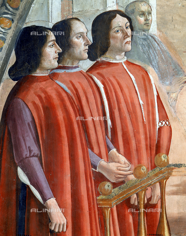 AGC-F-000754-0000 - Detail of the painting by Domenico Ghirlandaio entitled 'The confirmation of the Rule', in the Sassetti Chapel in Santa Trinita in Florence. The picture centers on the three male figures at the far left of the painting. They probably are members of the Sassetti family and wear Renaissance dress - Date of photography: 1992 - Alinari Archives, Florence