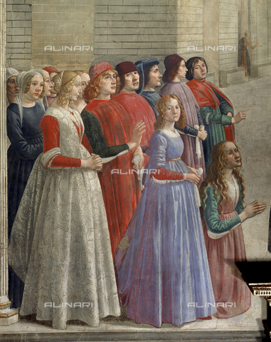 AGC-F-000755-0000 - Detail of the painting by Domenico Ghirlandaio entitled 'Miracle of the child' in the Sassetti Chapel in Santa Trinita in Florence. The picture centers on the group of men and women who are observing the miracle, full of wonder. They are dressed in elegant Renaissance attire. On the right a woman is kneeling and praying - Date of photography: 1992 - Alinari Archives, Florence