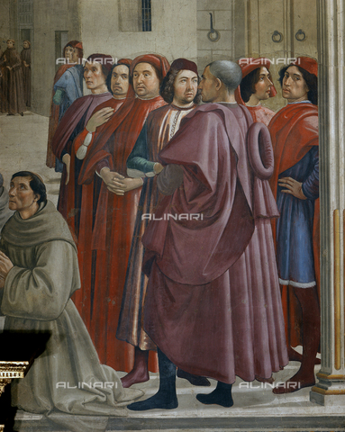AGC-F-000756-0000 - Detail of the painting by Domenico Ghirlandaio entitled 'Miracle of the child' in the Sassetti Chapel in Santa Trinita in Florence. The picture centers on the group of men who are watching the miracle, full of wonder. They are dressed in elegant Renaissance attire. On the left a kneeling friar is shown in prayer - Date of photography: 1992 - Alinari Archives, Florence