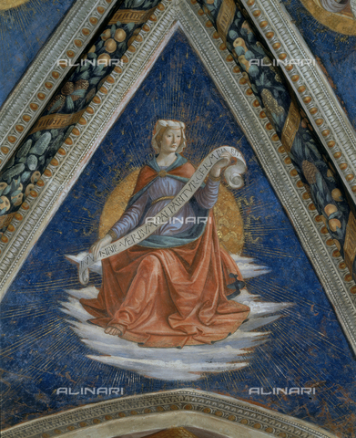 AGC-F-000758-0000 - Wall painting by Domenico Ghirlandaio with one of the four Sibyls decorating the vault of the Sassetti Chapel in Santa Trinita in Florence. The Sibyl, shown seated on clouds, wears Renaissance dress. She holds a scroll and has a shining sun behind her - Date of photography: 1992 - Alinari Archives, Florence