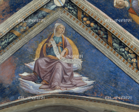 AGC-F-000760-0000 - Wall painting by Domenico Ghirlandaio with one of the four Sibyls decorating the vault of the Sassetti Chapel in Santa Trinita in Florence. The Sibyl, shown seated on clouds, wears Renaissance dress. She holds a scroll and has a shining sun behind her - Date of photography: 1992 - Alinari Archives, Florence