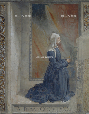AGC-F-000761-0000 - Wall painting by Domenico Ghirlandaio in the Sassetti Chapel in Santa Trinita in Florence. The woman shown in profile, kneeling and praying, is Nera Corsi-Sassetti, wife of the donor. She is dressed in simple Fifteenth century attire, with a veil on her head - Date of photography: 1992 - Alinari Archives, Florence