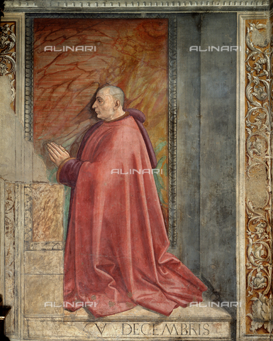 AGC-F-000762-0000 - Wall painting by Domenico Ghirlandaio in the Sassetti Chapel in Santa Trinita in Florence. The picture shows Francesco Sassetti, the donor of the Chapel decorations, in profile, kneeling and praying. He wears simple Renaissance attire - Date of photography: 1992 - Alinari Archives, Florence