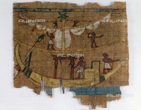 AGC-F-001981-0000 - Antico papiro raffigurante un battello che naviga lungo un fiume. Il prezioso reperto è conservato presso il Museo Egizio di Torino - Data dello scatto: 1995 - Archivi Alinari, Firenze