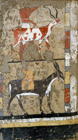 AGC-F-001986-0000 - Frammento di dipinto murale raffigurante un uomo, un'antilope ed un asino. Il reperto proveniente dalla Tomba di Iti è conservato presso il Museo Egizio di Torino - Data dello scatto: 1995 - Archivi Alinari, Firenze