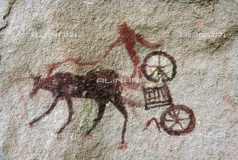 AIS-F-054527-0000 - LIBYA. Tadrart Acacus. Representation of a cart pulled by an ox (c. 1500 BC). Neolithic art. Cave. - Vannini / Iberfoto/Archivi Alinari