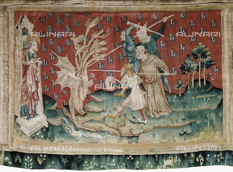 AIS-F-064835-0000 - BATAILLE, Nicolas (14th c.). The Dragon Fighting with the Servants of God. 1375-1382. Piece no. 39 from "The Apocalypse of Angers", commissioned by Louis I, Duke of Anjou. Gothic art. Tapestry. FRANCE. Angers. Angers Castle. - Paul Maeyaert / Iberfoto/Archivi Alinari