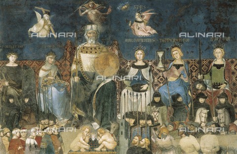 AIS-F-085451-0000 - LORENZETTI, Ambrogio (1285-1348). Allegory of the Good Government. 1338-1340. ITALY. Siena. Public Palace. Located in the Sala dei Nove. Central detail with the figure of a king surrounded by virtues. On the right, la Magnanimity, Temperance and Justice; - Vannini / Iberfoto/Archivi Alinari