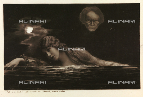 AVQ-A-000047-0140 - Ritratto di giovane donna al chiaro di luna con il volto di Beethoven sullo sfondo, fotomontaggio, cartolina - Data dello scatto: 1910-1920 - Archivi Alinari, Firenze