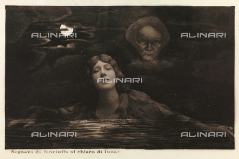 AVQ-A-000047-0141 - Ritratto di giovane donna al chiaro di luna con il volto di Beethoven sullo sfondo, fotomontaggio, cartolina - Data dello scatto: 1910-1920 - Archivi Alinari, Firenze