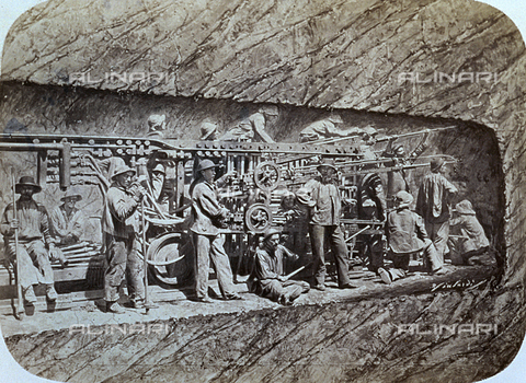 AVQ-A-000051-0010 - Compressed air drill used in opening the advancing tunnel for the Fréjus Tunnel with workers on the job - Date of photography: 1867 - Alinari Archives, Florence