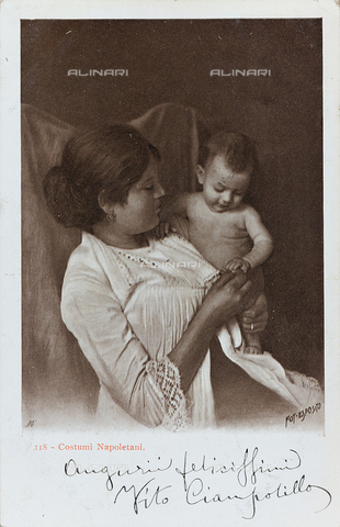 AVQ-A-000216-0069 - Costumes of Naples. Portrait of a woman with a baby, postcard - Date of photography: 1902 - Alinari Archives, Florence