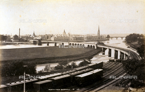 AVQ-A-000223-0086 - Panorama of the city of Perth taken from Barn Hill in Scotland. In the foreground numerous railway wagons parked on the tracks of a railway depot - Date of photography: 1860-1880 ca. - Alinari Archives, Florence