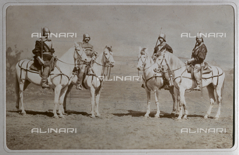 AVQ-A-000265-0002 - Portrait of four horsemen in armor, in saddle on their steeds - Date of photography: 1880 - Alinari Archives, Florence