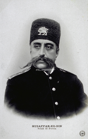 AVQ-A-000806-0059 - Half-length portrait of the Shah of Persia Muzaffar Ed-Din Shah. He is shown wearing a high truncated conical hat - Date of photography: 1900 ca. - Alinari Archives, Florence