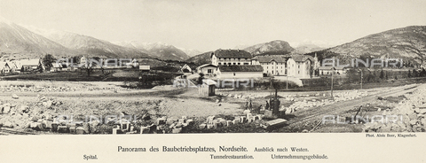 AVQ-A-001321-0012 - Construction of Worcheiner Tunnels, begun in 1897. The tunnel connected the general plan to Trieste. The image shows the town near the worksite from the Southern side. The album was commissioned by the Friulian entrepreneur Giacomo Ceconi from Montececon - Date of photography: 1905 ca. - Alinari Archives, Florence