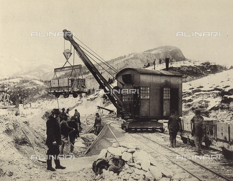 AVQ-A-001321-0019 - Construction of Worcheiner Tunnels, begun in 1897. The tunnel connected the general plan to Trieste. The image shows a group of workers loading materials. The album was commissioned by the Friulian entrepreneur Giacomo Ceconi from Montececon - Date of photography: 1905 ca. - Alinari Archives, Florence