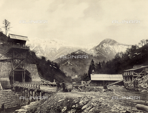 AVQ-A-001321-0027 - Construction of Worcheiner Tunnels, begun in 1897. The tunnel connected the general plan to Trieste. The image shows the exit of the tunnel in Podbrdo. The album was commissioned by the Friulian entrepreneur Giacomo Ceconi from Montececon - Date of photography: 1905 ca. - Alinari Archives, Florence