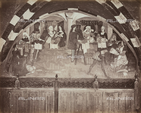 AVQ-A-001553-0008 - Market scene. A frescoed lunette by the French School in the courtyard arcade of the castle at Issogne, Valle d'Aosta - Date of photography: 1878-1882 ca. - Alinari Archives, Florence