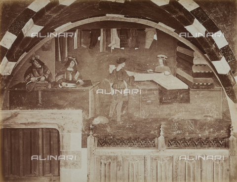 AVQ-A-001553-0009 - The tailor's shop. Frescoed lunette by the French School in the courtyard arcade of the castle at Issogne, Valle d'Aosta - Date of photography: 1878-1882 ca. - Alinari Archives, Florence