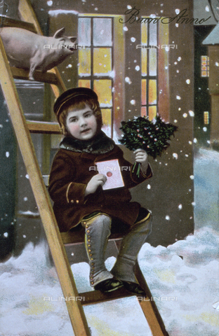 AVQ-A-002062-0093 - New Year's greeting card. A small girl in winter clothes is shown sitting on the stairs at the top of which is a piglet. A housee with windows lit up has been drawn in as background to the scene - Date of photography: 1910-1920 ca. - Alinari Archives, Florence