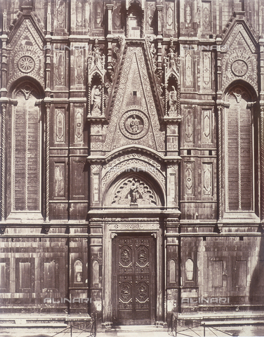 AVQ-A-002965-0024 - The door to the bell-tower of the Duomo in Florence.  In the lunette is the Madonna with Child and tympanum at the cusp of the Holy Christ, work of artists in Andrea Pisano's circle - Date of photography: 1855 ca. - Alinari Archives, Florence