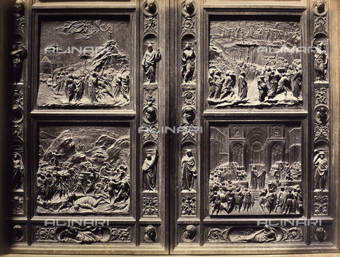 AVQ-A-002965-0028 - Two of the panels of the Door of Paradise by Lorenzo Ghiberti at the Baptistry of San Giovanni in Florence - Date of photography: 1855 ca. - Alinari Archives, Florence