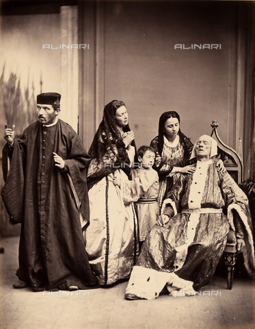 AVQ-A-003142-0005 - "Morte del doge Foscari". Nineteenth century historical reconstruction of the death of the Venetian Doge Francesco Foscari. The elderly noble figure, seated in an armchair, is breathing his last, lovingly attended by two women. On the left a man in a cassock is looking elsewhere - Date of photography: 1870-1880 ca. - Alinari Archives, Florence