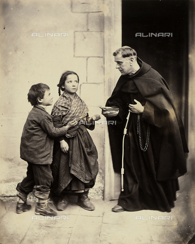 AVQ-A-003142-0007 - "L'elemosina". Genre scene set along the walls of a convent, where two poor children are receiving alms from a friar. The charitable friar is handing the small children a bowl of food - Date of photography: 1870-1880 ca. - Alinari Archives, Florence