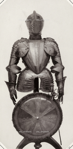 AVQ-A-003863-0012 - Shield, sword and upper part of the sixteenth century suit of armor of John of Austria, son of the Emperor Charles V, preserved in Austria - Date of photography: 1859 - Alinari Archives, Florence