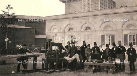 AVQ-A-003967-0022 - "Esposizione Nazionale Italiana of 1861": show of tools that are used for the work with hemp; ; on the back the Exhibition Palace, the seat born from the restructuring of the Stazione Leopolda to a design by architect Giuseppe Martelli - Date of photography: 1861 - Alinari Archives, Florence