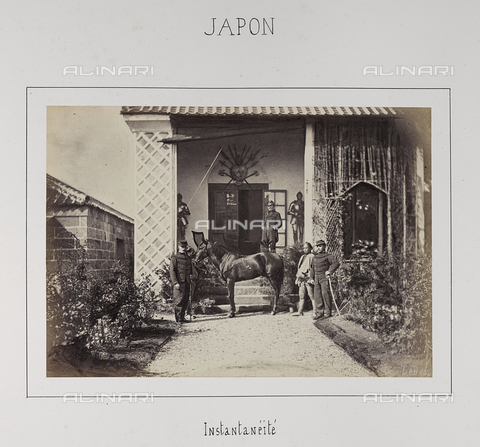 AVQ-A-004363-0015 - Album "J. D.": group of soldiers with horse photographed in front of the house of the French ambassador (Ministre de France) in Yokohama, Japan - Date of photography: 1866 - Alinari Archives, Florence