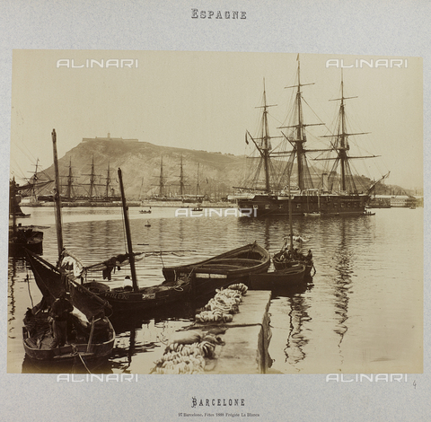 AVQ-A-004816-0004 - Album " Barcelone 1888 ": The frigate "La Blanca" docked in the port of Barcelona. In the background the hill of Montjuà¯c - Date of photography: 1888 - Alinari Archives, Florence
