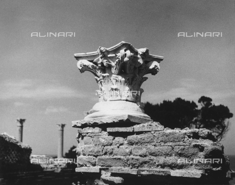 BBA-F-000295-0000 - A capital of a column set upon a wall within an archeological site. Two standing columns are visible in the background - Date of photography: 1950 ca. - Alinari Archives, Florence