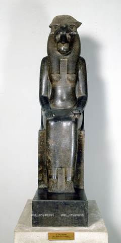 CAL-F-002945-0000 - Statua in diorite della dea leonessa Sekhmet assisa in trono con cartiglio del faraone della XXII dinastia Sheshonq I; l'opera è conservata presso il Museo Egizio di Torino - Data dello scatto: 1996 - Archivi Alinari, Firenze